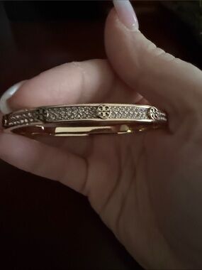 Tory Burch Gold Crystal Logo Hinged Bangle Bracelet